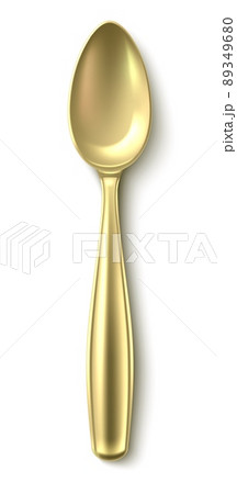 Golden spoon top view. Realistic metal cutlery 89349680