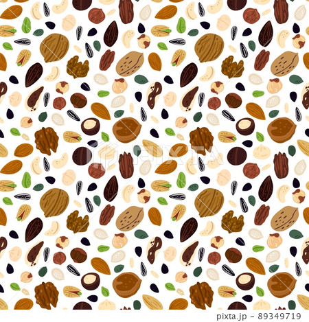 Cartoon nuts seamless pattern. Vegan superfood. Peeled or unpeeled walnuts. Pistachios and hazelnuts. Healthy nutrition. Food products. Pumpkin or sunflower seeds. Vector background Cartoon nuts seamless pattern. Vegan superfood. Peeled or unpeeled walnuts. Pistachios and hazelnuts. Healthy nutrition. Food products. Pumpkin or sunflower seeds. Vector background 89349719