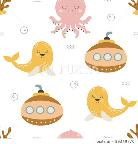 childish seamless pattern with seal and octopus 89349770