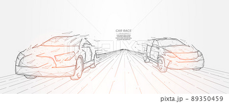 Polygonal car racing vector illustration isolated on light background. Two cars are moving fast on the road. Creative vehicle banner or template. 89350459
