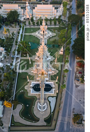 Aerial view of Wat Rong Khun, the white temple, at sunrise, in Chiang Rai, Thailand 89351088