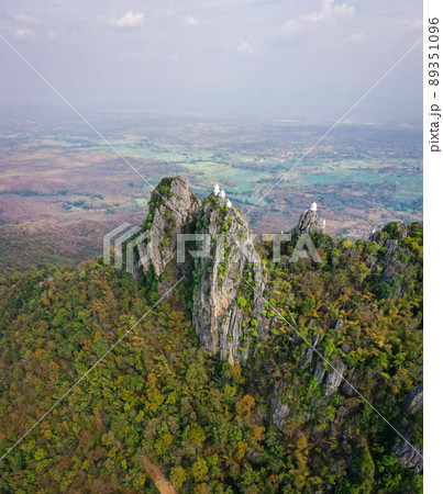 Aerial view of Wat Chaloem Phra Kiat Phrachomklao Rachanusorn, sky pagodas on top of mountain in Aerial view of Wat Chaloem Phra Kiat Phrachomklao Rachanusorn, sky pagodas on top of mountain in 89351096