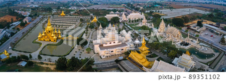 Aerial view of Wat Rong Khun, the white temple, at sunrise, in Chiang Rai, Thailand 89351102