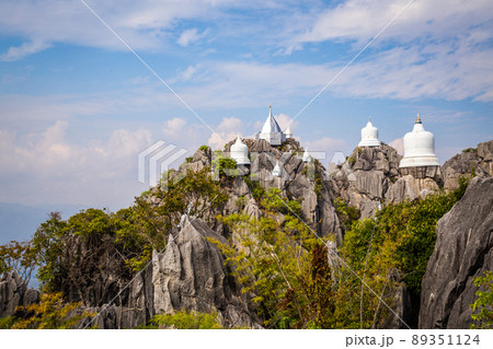 Aerial view of Wat Chaloem Phra Kiat Phrachomklao Rachanusorn, sky pagodas on top of mountain in Aerial view of Wat Chaloem Phra Kiat Phrachomklao Rachanusorn, sky pagodas on top of mountain in 89351124