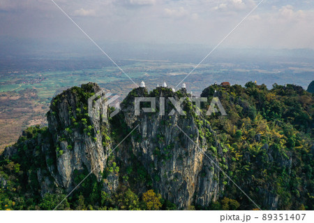 Aerial view of Wat Chaloem Phra Kiat Phrachomklao Rachanusorn, sky pagodas on top of mountain in 89351407