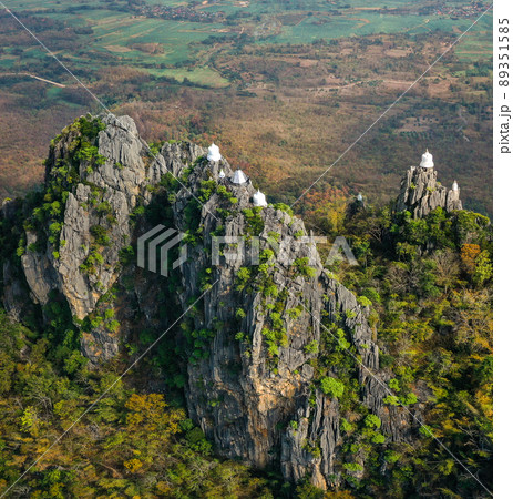 Aerial view of Wat Chaloem Phra Kiat Phrachomklao Rachanusorn, sky pagodas on top of mountain in Aerial view of Wat Chaloem Phra Kiat Phrachomklao Rachanusorn, sky pagodas on top of mountain in 89351585