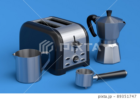 Toaster, coffee machine horn and geyser coffee maker on blue background. Toaster, coffee machine horn and geyser coffee maker on blue background. 89351747