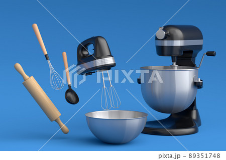 Mixer and bowl with kitchen utensil for preparation of dough on blue background 89351748
