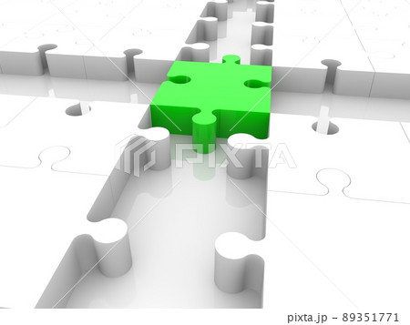 Piece of green puzzle in the center of the crossroads 89351771
