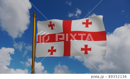 National flag of Georgia waving 3D Render with flagpole and blue sky, Republic of Georgia flag textile with Bolnur-Katskhuri cross, coat of arms Georgia independence day 89352136