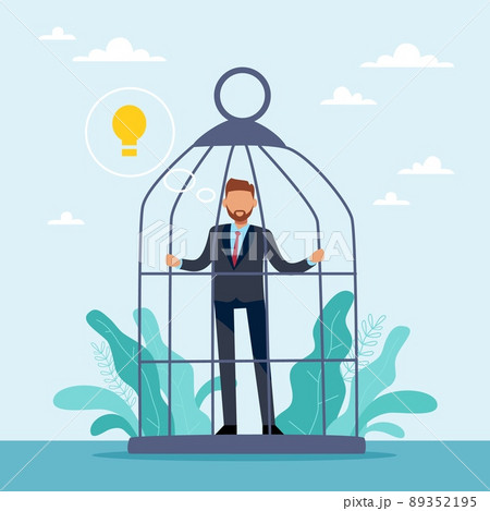 There is no way out for an idea. Invaluable potential. Creative crisis, sad man in cage, light bulb in bubble, problems with imagination, failure in work no inspiration, vector concept There is no way out for an idea. Invaluable potential. Creative crisis, sad man in cage, light bulb in bubble, problems with imagination, failure in work no inspiration, vector concept 89352195