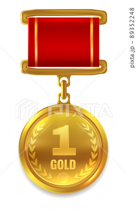 First place golden round badge on red ribbon 89352248