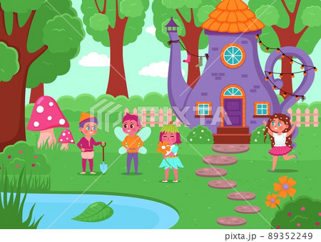 Fantasy house illustration. Little magic teapot home with funny habitants, fabulous forest glade, cute elves and fairies, tiny boys and girls near cottage, vector cartoon concept 89352249