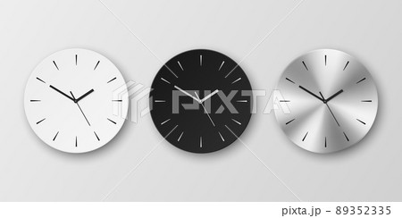 Vector 3d Realistic Round White, Black and Slver or Chrome Steel Wall Office Clock Icon Set Isolated. Design Template of Wall Clock Face Closeup. Mock-up for Branding and Advertise. Front View 89352335