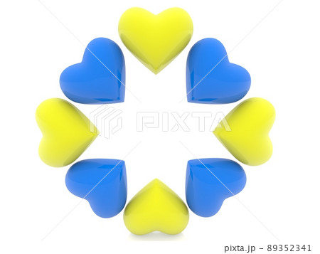 Hearts arranged in a circle in the national colors of Ukraine on white 89352341