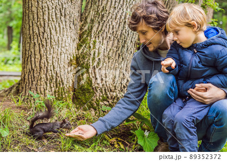 Dad and son feed a squirrel in the park 89352372