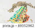 Erupting volcano, smoke and lava. Multi-colored children drawing 89352962