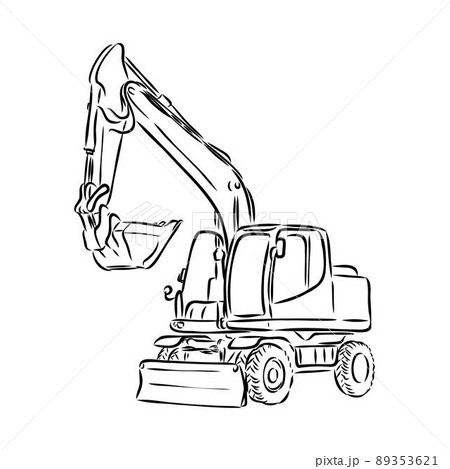 Excavator on construction site hand drawn illustration. Vector. Excavator on construction site hand drawn illustration. Vector. 89353621