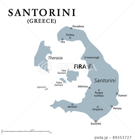Santorini, an island of Greece, gray political map. Officially Thira and classical Greek Thera. Archipelago and remnant of a caldera in the Aegean Sea, and the southernmost member of the Cyclades. Santorini, an island of Greece, gray political map. Officially Thira and classical Greek Thera. Archipelago and remnant of a caldera in the Aegean Sea, and the southernmost member of the Cyclades. 89353727