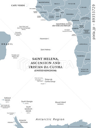 South Atlantic Islands gray political map. Islands and archipelagos between Africa and Brazil, Cape Verde and Antarctic Region. British Overseas Territory Saint Helena, Ascension and Tristan da Cunha. 89353729