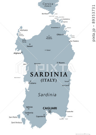Sardinia, Italian island, gray political map, with capital Cagliari. Sardegna, Autonomous Region of Sardinia, second-largest island in the Mediterranean Sea south of Corsica west of Italian Peninsula. 89353731