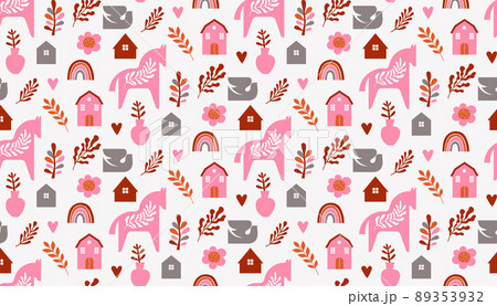 Nordic Dala horses and floral elements seamless pattern  89353932