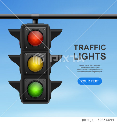 Vector Banner with 3d Realistic Detailed Road Traffic Lights on Blue Sky Background. Safety Rules Concept, Design Templete. Stoplight, Traffic Lights Template Vector Banner with 3d Realistic Detailed Road Traffic Lights on Blue Sky Background. Safety Rules Concept, Design Templete. Stoplight, Traffic Lights Template 89356694