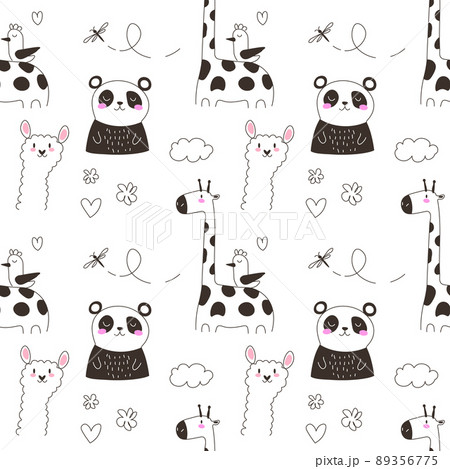 Cute seamless pattern with line art style wild animals - adorable hand drawn safari themed repeat pattern design EPS Cute seamless pattern with line art style wild animals - adorable hand drawn safari themed repeat pattern design EPS 89356775