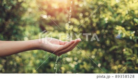 Water pouring on hand in morning ligth background. Water pouring on hand in morning ligth background. 89358528