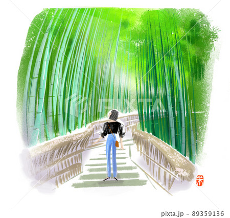 竹林の美しい景観とそれに見惚れる女性 89359136