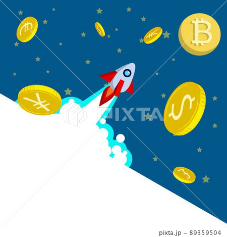 価値が上がっていく暗号資産に向かって宇宙船が飛び立つイラスト、コピースペースあり. 価値が上がっていく暗号資産に向かって宇宙船が飛び立つイラスト、コピースペースあり. 89359504