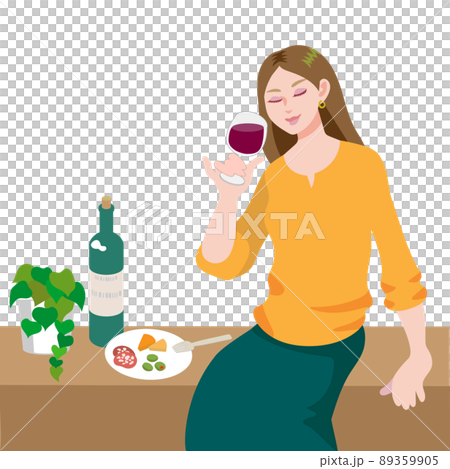 Young woman drinking wine on the bench 89359905
