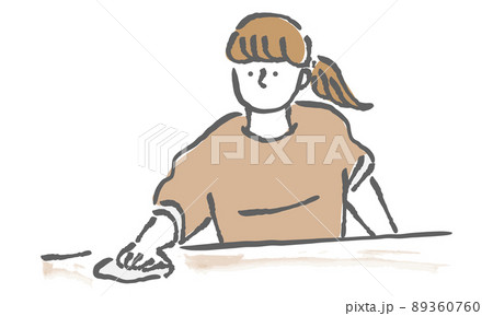 テーブルを丁寧に拭く女性イラストのイラスト素材