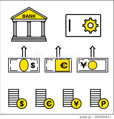 銀行 金庫 ドル円ユーロの送金 金融ファイナンスのイメージのアイコン イラストセットのイラスト素材 3601