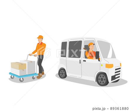台車で荷物を配達する男性と配達用車両 台車で荷物を配達する男性と配達用車両 89361880