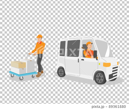台車で荷物を配達する男性と配達用車両 台車で荷物を配達する男性と配達用車両 89361880