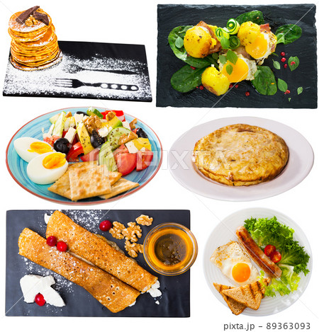 View of many plates with different food over white background View of many plates with different food over white background 89363093