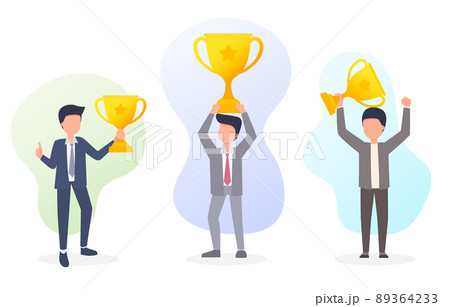 Isolated collection set of businessmen happily holding trophies 89364233