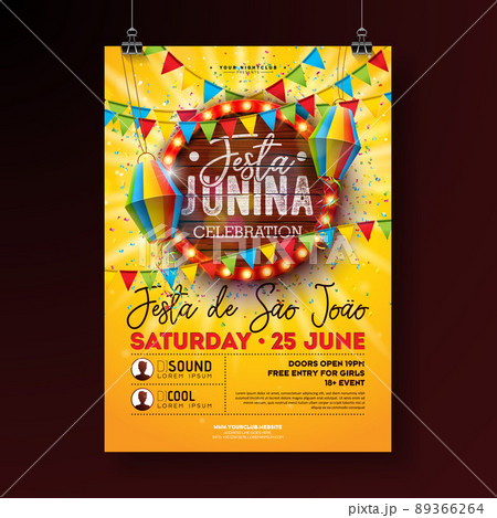 Festa Junina Party Flyer Illustration with Paper Lantern and Retro Light Bulb Billboard with Wood Texture Background. Vector Brazil June Sao Joao Festival Design for Invitation or Holiday Celebration 89366264