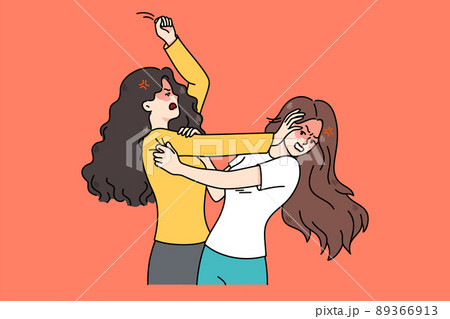 Angry teenage girls fighting pulling hair 89366913