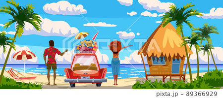 Couple on Vacation, red car with luggage bags, surfboard on the beach. Hut, bungalow, tropical seachore, palms, sea, ocean, back view. Vector illustration retro cartoon 89366929