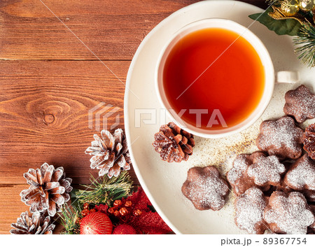 Christmas or new year card. Winter holiday composition, side view, selective focus Christmas or new year card. Winter holiday composition, side view, selective focus 89367754