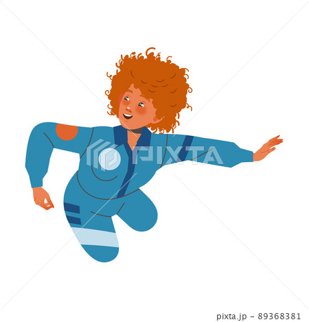 Happy Redhead Woman Astronaut Character in Space Flying in the Air Vector Illustration 89368381