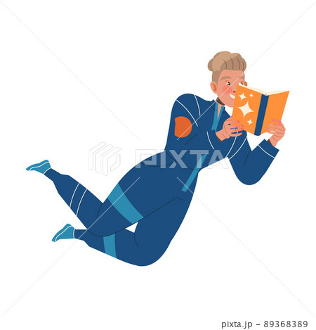 Man Astronaut Character in Space Flying in the Air Reading Book Vector Illustration 89368389