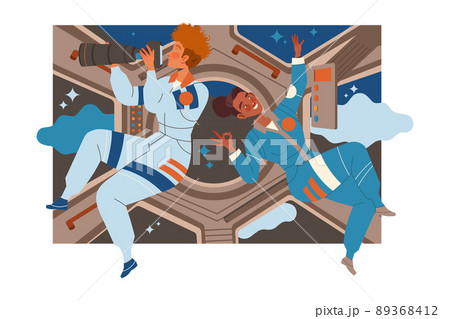 Man and Woman Astronaut Character in Outer Space in Spacesuit Flying on Space Shuttle Vector Illustration Man and Woman Astronaut Character in Outer Space in Spacesuit Flying on Space Shuttle Vector Illustration 89368412