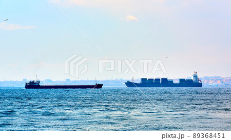 Fully loaded container ship and Oil tanker moving through Bosphorus. Fully loaded container ship and Oil tanker moving through Bosphorus. 89368451