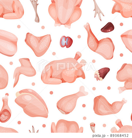 Fresh raw chicken meat seamless pattern. Organic meat products endless background vector illustration Fresh raw chicken meat seamless pattern. Organic meat products endless background vector illustration 89368452