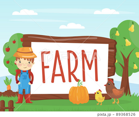 Cute boy farmer with banner, farm animals and vegetables vector illustration 89368526