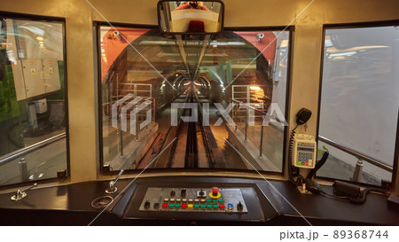 View of the driver cabin of an empty tram 89368744