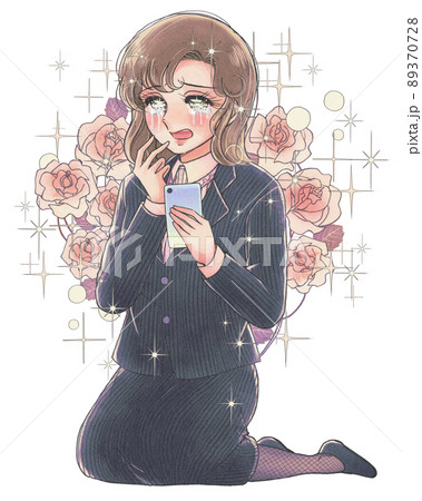 薔薇を背負ったキラキラ少女漫画風・スマホを持って歓喜するOL 89370728